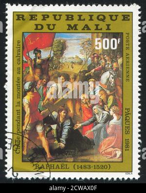 MALI CIRCA 1981: stamp printed by Mali, shows Jesus Falls on the Way to Calvary, by Raphael, circa 1981 Stock Photo