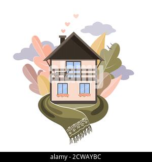 Cozy house wrapped in the scarf on the forest trees background. Hygge and autumn mood concept. Vector illustration isolated on white Stock Vector