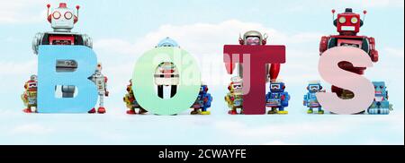 retro tin robot toys hold up the word  BOTS cloud Stock Photo