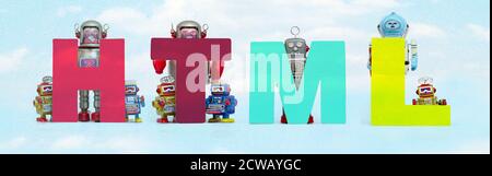 retro tin robot toys hold up the word   HTML  cloud banner Stock Photo
