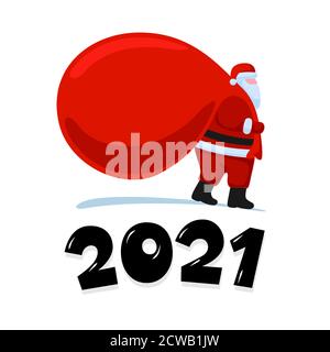 Santa Claus cartoon character coming and carries large heavy gifts red bag. Christmas and Happy New year holiday greeting card on white background. Vector eps celebration calendar poster illustration Stock Vector