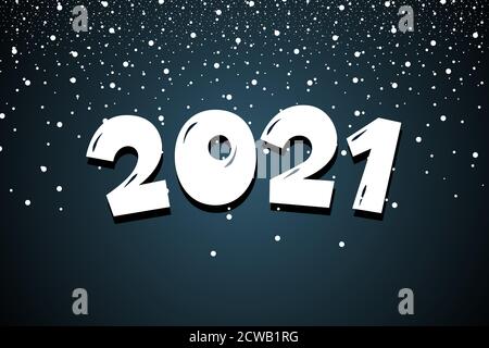 2021 cartoon hand drawn comic text lettering number with snow. Happy New Year and Merry Christmas holiday greeting card design. Colorful xmas vector eps illustration Stock Vector