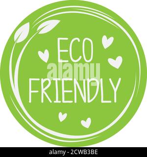 circular green eco friendly sticker or label with leaves and heart icons vector illustration Stock Vector