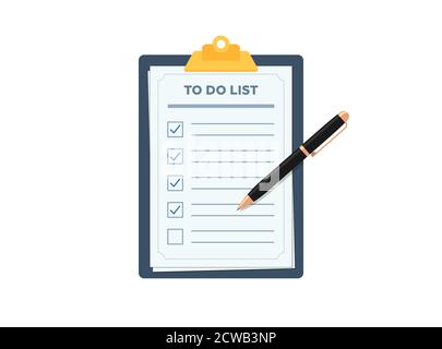 Clipboard with to do planning check list. Pen marked checklist on paper todo form flat eps vector illustration Stock Vector