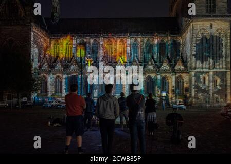 Magdeburg, Germany. 22nd Sep, 2020. The illuminated cathedral during the rehearsal for the festival 'Magdeburg in Light'. The festival will take place from 27 September to 4 October 2020 as part of the Domfestspiele. The occasion is the cathedral anniversary. Exactly 500 years ago the construction of the cathedral was finished. From Sunday onwards, this will be remembered with readings, concerts and light installations. Credit: Stephan Schulz/dpa-Zentralbild/ZB/dpa/Alamy Live News Stock Photo