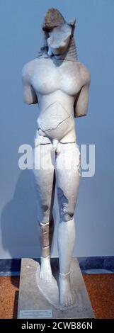 Statue of a Kouros made of Naxian marble, found in Athens where he originally stood above a grave. Stock Photo