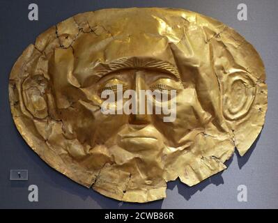 The Mask of Agamemnon, a gold funeral mask discovered in Mycenae. Stock Photo