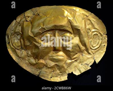 The Mask of Agamemnon, a gold funeral mask discovered in Mycenae. Stock Photo