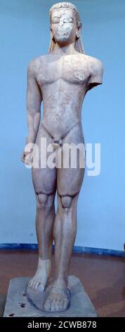 Statue of a Kouros made of Naxian marble, found in Athens where he originally stood above a grave. Stock Photo