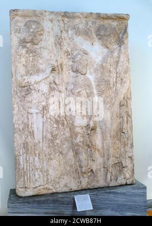 Votive relief made from pentelic marble found in Eleusis. Stock Photo