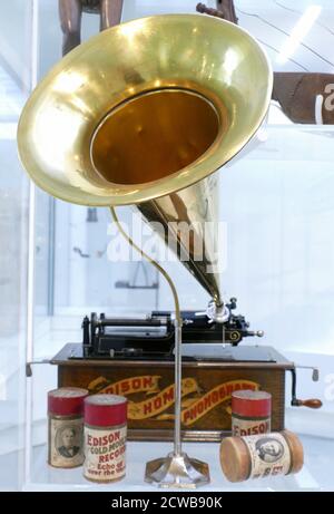 The phonograph was invented in 1877 by Thomas Edison. Edison's phonograph was the first to be able to reproduce the recorded sound. Stock Photo