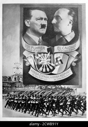 Spanish fascist poster celebration Nazi German and Francoist Spanish relations circa 1940. During World War II the Spanish State under Francisco Franco espoused neutrality as its official wartime policy. In 1940 Franco met with Adolf Hitler in Hendaye to discuss Spain's possible accession to the Axis Powers Stock Photo