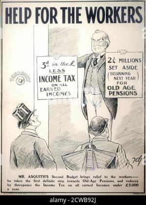 Cartoon showing Herbert Asquith presenting the 1909 'People's Budget'. Herbert Henry Asquith, (1852 - 1928), British Liberal politician and Prime Minister of the United Kingdom from 1908 to 1916. In a major speech in December 1908, Asquith announced that the upcoming budget would reflect the Liberals' policy agenda, and the People's Budget that was submitted to Parliament by Lloyd George the following year greatly expanded social welfare programmes. Stock Photo