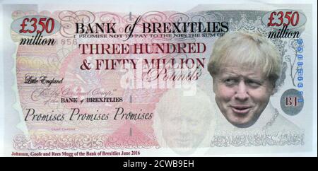 £350 million pound note bearing face of Boris Johnson. A protest leaflet found outside the Supreme Court in London during the hearing to challenge the Prorogation of Parliament. 17th Sept 2019.the prorogation of the Parliament, was ordered by Queen Elizabeth II upon the advice of the Conservative Prime Minister, Boris Johnson, on 28 August 2019. opposition politicians saw this as an unconstitutional attempt to reduce parliamentary scrutiny of the Government's Brexit plan. Stock Photo