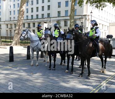 Mounted police in Whitehall, London, during the 20th September 2019 climate strike. Also known as the Global Week for Future, a series of international strikes and protests to demand action be taken to address climate change. The 20 September protests were likely the largest climate strikes in world history. Organisers reported that over 4 million people participated in strikes worldwide, including 300000 people joined UK protests