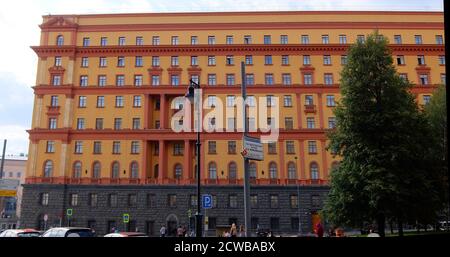 Lubyanka is the name for the headquarters of the FSB and affiliated prison on Lubyanka Square in Meshchansky District of Moscow, Russia. It is a large Neo-Baroque building with a facade of yellow brick designed by Alexander V. Ivanov in 1897 and augmented by Aleksey Shchusev from 1940 to 1947. It was previously the national headquarters of the KGB; Soviet hammers and sickles can still be seen on the building's facade. Stock Photo