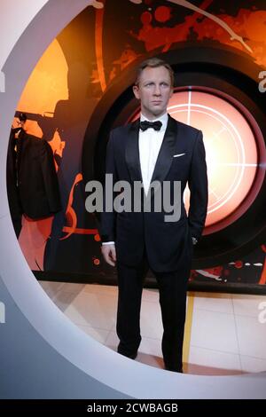 Waxwork statue depicting James Bond (Agent 007), played by Daniel Craig, between 2006 and 2020. The James Bond series focuses on a fictional British Secret Service agent created in 1953 by writer Ian Fleming Stock Photo