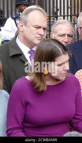 Sir Ed Davey with Liberal Democrat Leader, Jo Swinson, at a media interview, after parliament returned to sit, after the prorogation was annulled by the Supreme Court. 25th September 2019. Sir Ed Davey (born 1965), British politician serving as Deputy Leader of the Liberal Democrats since 2019. He served in the Conservative-Liberal Democrat coalition as Secretary of State for Energy and Climate Change from 2012 to 2015 Stock Photo