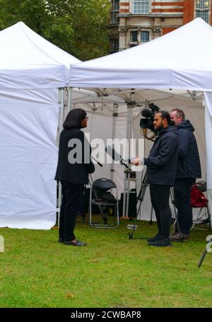 Diane Abbot gives a media interview, after parliament returned to sit, after the prorogation was annulled by the Supreme Court. 25th September 2019. Diane Abbott (born 1953); British politician serving as the Member of Parliament (MP), since 1987. She was the country's first black woman MP. As a member of the Labour Party, she has held various positions in successive Shadow Cabinets. Stock Photo