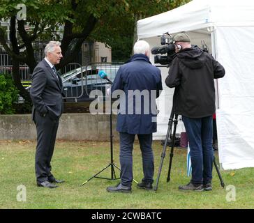 Ian Paisley Jr, gives a media interview after returning to parliament after the prorogation was annulled by the Supreme Court. 25th September 2019. Ian Paisley Jr (born 1966) , politician from Northern Ireland. He has served as the Member of Parliament (MP) for North Antrim since the 2010 general election. Paisley, who is a member of the Democratic Unionist Party (DUP), is the son of the DUP's founder Ian Paisley. Stock Photo