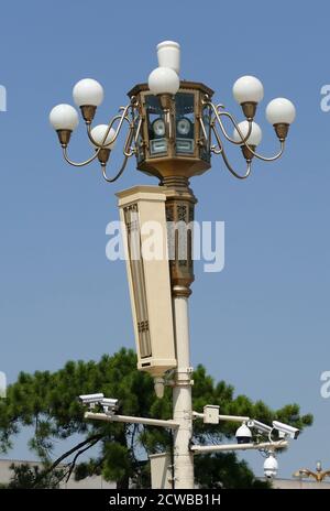 High tech cameras record and survey Tiananmen Square in Beijing, China. Stock Photo