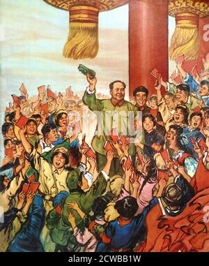 A propaganda image of Mao Zedong with Red Guards, seen holding 'The Thoughts of Chairman Mao'. Beijing 1967. The Red Guards were a mass student-led paramilitary social movement mobilized and guided by Mao Zedong in 1966 and 1967, during the first phase of the Chinese Cultural Revolution, which he had instituted. Stock Photo
