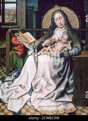 A portrait by Robert Campin titled 'The Virgin and Child before a Firescreen', 1440. The Virgin is depicted seated on a wooden bench in front of a wicker firescreen, in the shape of a halo. Part of the collection of the National Gallery, London.