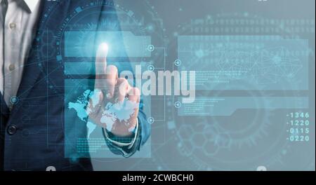 Modern Technologies For Business. Unrecognizable businessman pushing button on virtual infographic screen Stock Photo