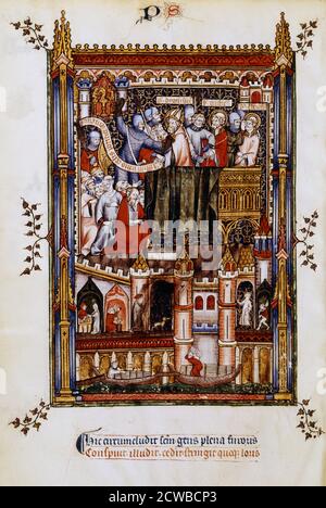The arrest of St Denis, 1317. Sisinnius' soldiers sieze St Denis, St Rusticus and St Eleutherius in front of the crowd. Their hands are tied and they are beaten. Manuscript illustration from the life of St Denis (died c258 AD), written by Yves, a monk at the Abbey of St Denis. The book depicts the torture and martyrdom of the saint by the Roman governor Fescenninus Sisinnius. The lower scene depicts people on the bridge over the River Seine. There is a goldsmith's shop, a blind man led by his dog, a beggar, and boats carrying a cargo of wood. From the collection of the Bibliotheque Nationale, Stock Photo