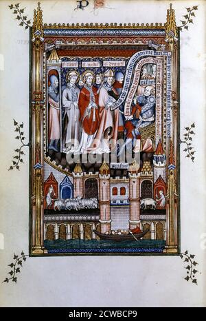 Sisinnius exhorts St Denis to renounce his faith, 1317. St Denis, St Eleutherius and St Rusticus, in chains, stand before Sisinnius who attempts to order them to repudiate Christianity. Manuscript illustration from a work on the life of St Denis (died c258 AD), written by Yves, a monk at the Abbey of St Denis. The book depicts the torture and martyrdom of the saint by the Roman governor Fescenninus Sisinnius. The lower scene depicts people on the bridge over the River Seine; showing a shepherd with his sheep, and a swineherd with hogs. From the collection of the Bibliotheque Nationale, Paris. Stock Photo