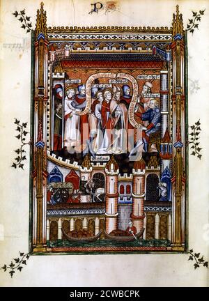 Lisbius proclaims himself a disciple of Christ, 1317. Lisbius declares his faith before St Denis, St Eleutherius and St Rusticus, in the presence of Sisinnius and his high priest. Manuscript illustration from a work on the life of St Denis (died c258 AD), written by Yves, a monk at the Abbey of St Denis. The book depicts the torture and martyrdom of the saint by the Roman governor Fescenninus Sisinnius. The lower scene depicts people on the bridge over the River Seine; showing a cart laden with sheaves of corn, a porter a boat laden with goods. From the collection of the Bibliotheque Nationale Stock Photo