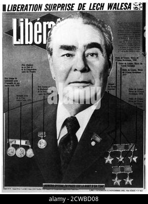 Leonid Brezhnev, Soviet leader, pictured on the cover of Liberation, 1982, the day after his death. Brezhnev (1907-1982) was General Secretary of the Communist Party of the Soviet Union and effective ruler of the USSR from 1964 until his death in 1982. The photographer is unknown. Stock Photo