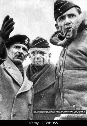 Allied commanders in France, 1944. From left to right; Field Marshal Bernard Montgomery, General Dwight D Eisenhower, Air Marshal Sir Arthur Tedder. The photographer is unknown. Stock Photo