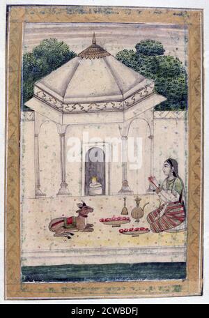 Bhairavi Ragini, Ragamala Album, School of Rajasthan, 19th century. Worship of the lingam of Shiva by a young woman. The Lingam (also, Linga, meaning mark, or sign,) is a symbol for the worship of the Hindu god Shiva. Found in the collection of Jean Claude Carriere. The artist is unknown. Stock Photo