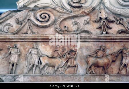 Sacrifice scene on the Ara Pacis, Rome. The Ara Pacis Augustae (Latin, Altar of Augustan Peace; commonly shortened to Ara Pacis) is an altar to Peace, envisioned as a Roman goddess. The artist is unknown. Stock Photo