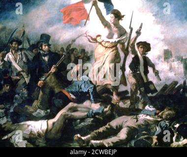 Liberty Leading the People', 1830 Artist: Eugene Delacroix. Painted to commemorate the July Revolution of 1830. A woman personifying Liberty leads the people forward over the bodies of the fallen. From the Louvre, Paris. Stock Photo