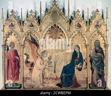 The Annunciation and Two Saints', 1333. Artist: Simone Martini. The altarpiece was executed between 1329 and 1333 for the chapel of Sant' Ansano of the Cathedral in Siena by Simone Martini and his brother-in-law Lippo Memmi. Stock Photo