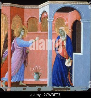 Panel from the Maesta Altarpiece: The Annunciation', 1311. Artist: Duccio di Buoninsegna. Duccio di Buoninsegna (c1255-1320) was an Italian painter active in Siena, in the late 13th and early 14th century. He was hired throughout his life to complete many important works in government and religious buildings around Italy. Stock Photo