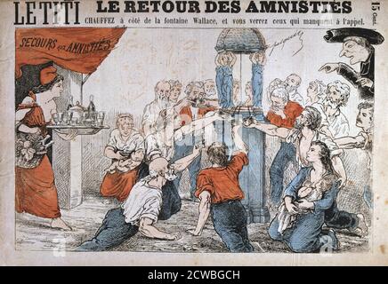Cartoon, Paris Commune, 1871. The Paris Commune was established when the citizens of Paris, many of them armed National Guards, rebelled against the policies of the conservative government formed after the end of the Franco-Prussian War. The left-wing regime of the Commune held sway in Paris for two months until government troops retook the city in bloody fighting in May 1871. One of the first policies it implemented was to grant a remission of rents accrued during the period of the Prussian siege of Paris. The events of the Commune were an inspiration to Karl Marx as well as later communist l Stock Photo