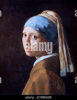 Girl with a Pearl Earring' by Jan Vermeer, c1665. The girl's headdress has an exotic effect. Turbans were a popular fashionable accessory in Europe as early as the 15th century. It has been suggested that the pearl in Vermeer's painting is a symbol of chastity. From the collection of the Mauritshuis, the Hague, Netherlands. Stock Photo