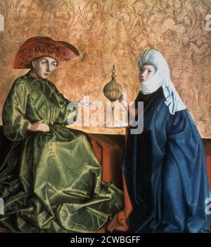 King Solomon and the Queen of Sheba' by Konrad Witz, 1435. In this panel from the Heilspiegel Altarpiece, Witz painted a gold background with filigree ornamentation and placed both his figures before it. The blue, red, green, and white of the clothing and the restrained ochre of the hands and faces may be the only colours, but they radiate light when set against the intense gold of the background, whose effect is increased still further by the elaborate inlay pattern. Witz recognized that an abstract gold background sharpened the contours of a form and made it almost tangible. From the collect Stock Photo