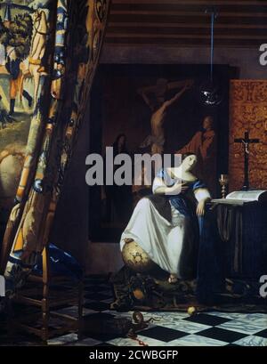 Allegory of the Faith' by Jan Vermeer, c1670. Vermeer's source derives from a standard handbook of iconography, Cesare Ripa's Iconologia. Vermeer interpreted Ripa's description of Faith with 'the world at her feet' literally, showing a Dutch globe published in 1618. The divine world is rendered as a glass sphere reflecting the room. The painting of the Crucifixion on the wall copies a work by Jacob Jordaens. Among the many Christological symbols, the most prominent are the apple, emblem of the first sin, and the serpent (Satan) crushed by a stone (Christ, the 'cornerstone' of the Church). Dati Stock Photo