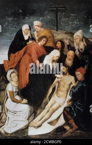 The Lamentation', by Hugh Van Der Goes, c1479. Right hand panel of a diptych of 'The Fall of Man and The Redemption'. Mary, supported gently by John the Evangelist, Christ's favourite pupil, bends reverently over the lifeless body of her son. Joseph of Arimathaea is frozen in sorrowful thought. Mary Magdalene, to the left, wrings her hands in agony. In the background are the holy women, one of whom wipes away her tears while the other kisses a nail removed from Christ's wounds as if it were some precious relic. From the collection at the Kunsthistorisches Museum, Vienna, Austria. Stock Photo