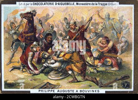 Philipe Auguste at the Battle of Bouvines, 1214, (19th century). King Philip II of France (1165-1223), known as Philip Augustus, won the battle which was fought between the French army and a coalition of European powers, on July 27 1214, near the village of Bouvines in Flanders (now part of France). Card from a series produced by the chocolate factory at the Monastery of Aiguebelle. Stock Photo