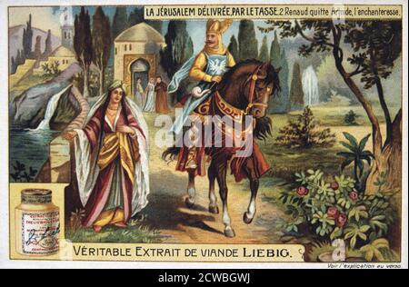La Jerusalem deliveree par le Tasse, Renaud leaves Armide, the enchantress. 19th Century. Colour Lithograph. Private collection. Stock Photo