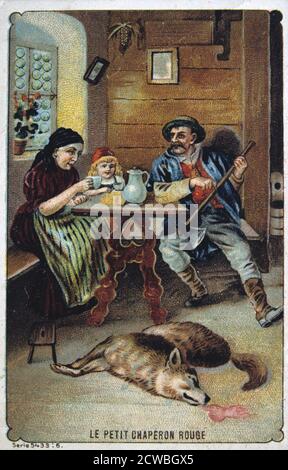 Little Red Riding Hood', 19th century. The woodcutter has killed the wolf with his axe. Stock Photo