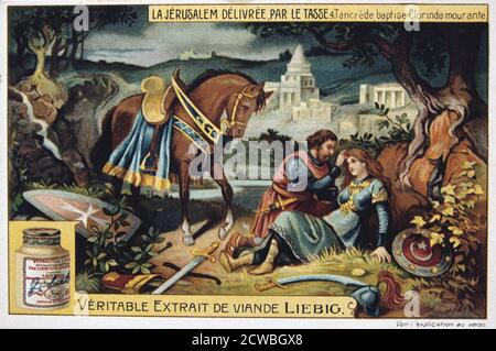 La Jerusalem deliveree par le Tasse, Tancrede baptises the dying Clorinde. 19th Century. Colour Lithograph. Private collection. Stock Photo