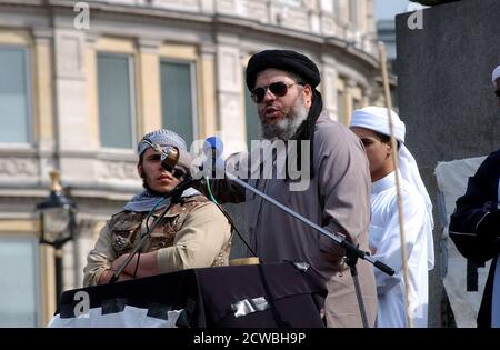 Photograph of Abu Hamza. Mustafa Kamel Mustafa (1958-) an Egyptian cleric who was the imam of Finsbury Park Mosque in London, England, where he preached Islamic fundamentalism and militant Islamism. Stock Photo