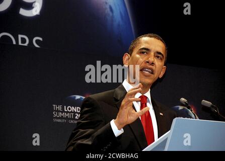 Photograph of Barack Obama speaking at the 2009 G20 London Summit. Barack Hussein Obama II (1961-) an American attorney and served as the 44th President of the United States.
