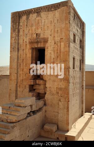 Photograph taken of Ka'ba-ye Zartosht, a stone structure in the Naqsh-e Rustam compound, in Fars, Iran. Stock Photo
